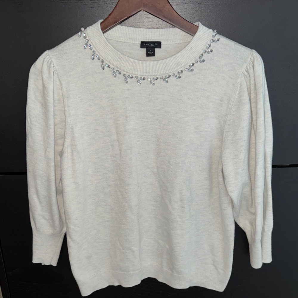 Ann Taylor Cream Jeweled Crewneck Sweater